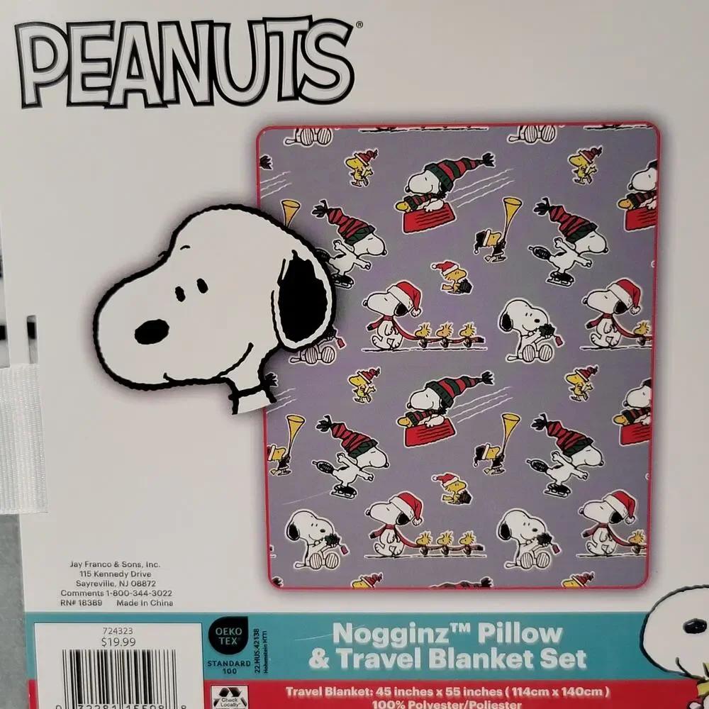 Nogginz Snoopy Peanuts Christmas Pillow‎ Fleece Travel Blanket Set Holiday Gift